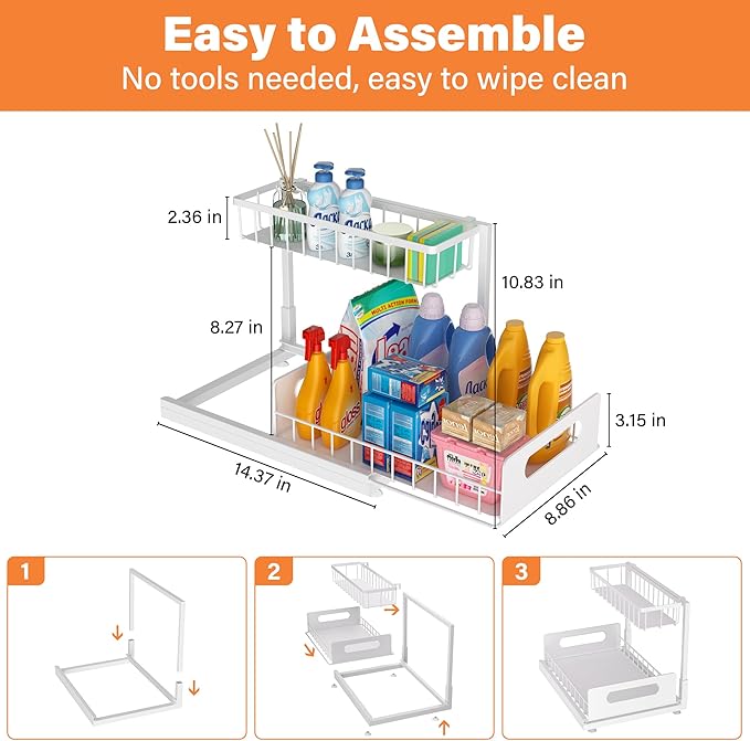 Under Sink Organizer, 2 Tier Pull Out Cabinet Organizer,Slide out Metal Cabinet Organizers Multi-Purpose Drawer Shelf for Kitchen Bathroom Pantry Cabinet Closet Organization Rack,White 1 Pack