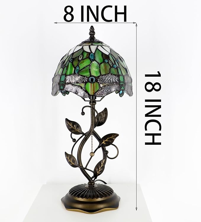 Small Tiffany Lamp Yellow White Dragonfly Style Stained Glass Table Lamps Desk Bedside Reading Light 8X8X18 Inches with Bronze Metal Leaf Resin Base