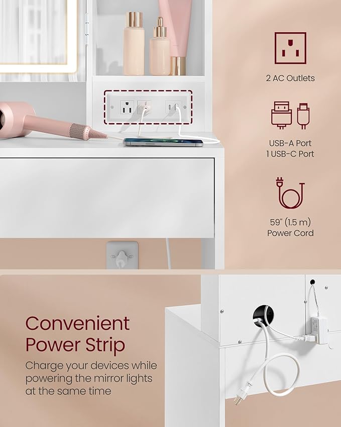 VASAGLE Kailyn Collection - Vanity Desk with Power Outlets, Makeup Vanity with Mirror and Lights, LED Lights, 6 Compartments, 2 Drawers, for Bedroom, Cloud White URDT031WB02S