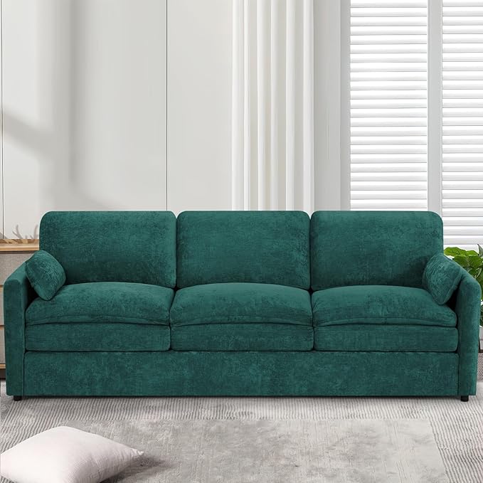 89" Chenille 3 Seats Sofa with 2 Pillows, Modern Upholstered Sofa with Deeper Seats, Comfy Sofa with Thickened Cushions for Living Room, Apartment, Teal