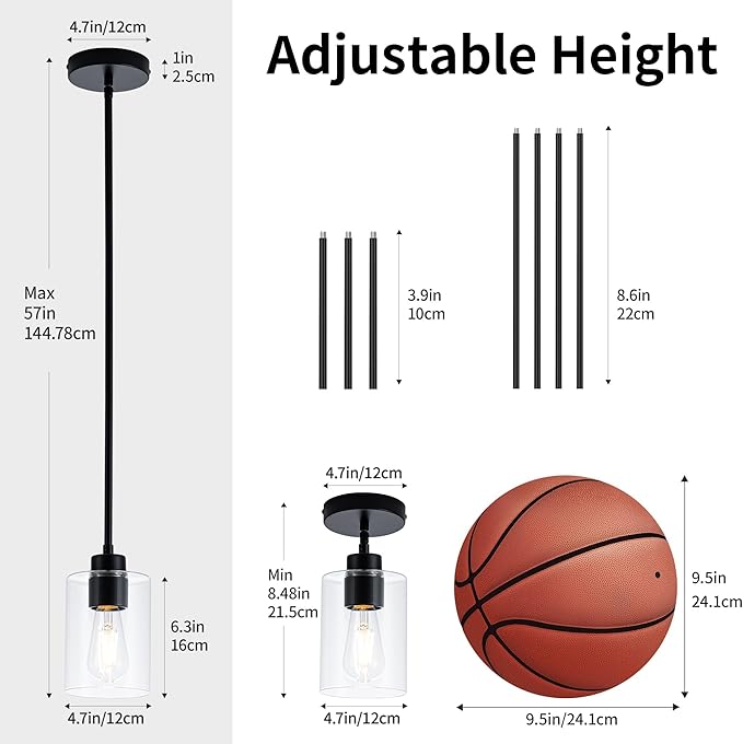 MAYNA 2-Pack Black Farmhouse Pendant Lighting, Rustic Glass Kitchen Island Lights with Bulbs, Adjustable Rods Vintage Hanging Fixtures for Dining Room, Bar