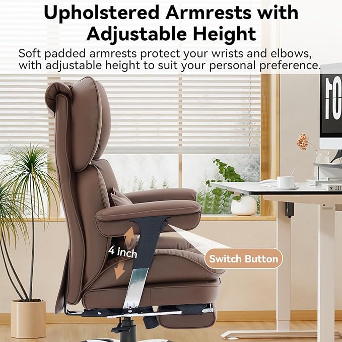 Efomao Big and Tall Office Chair 400lbs, Ergonomic High Back Executive Office Chair with Footrest, Wide Computer Desk Chair for Home Office, Comfortable PU Leather Heavy Duty Chair，Brown