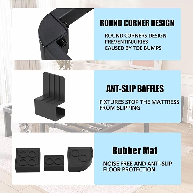 FUIOBYVV 18 Inch Queen Bed Frame with Rounded Corner and Headboard Hole Mattress Retainers 3500 LBS Metal Heavy Duty Steel Slats Support No Box Spring Needed Platform Noise Free Easy Assembly