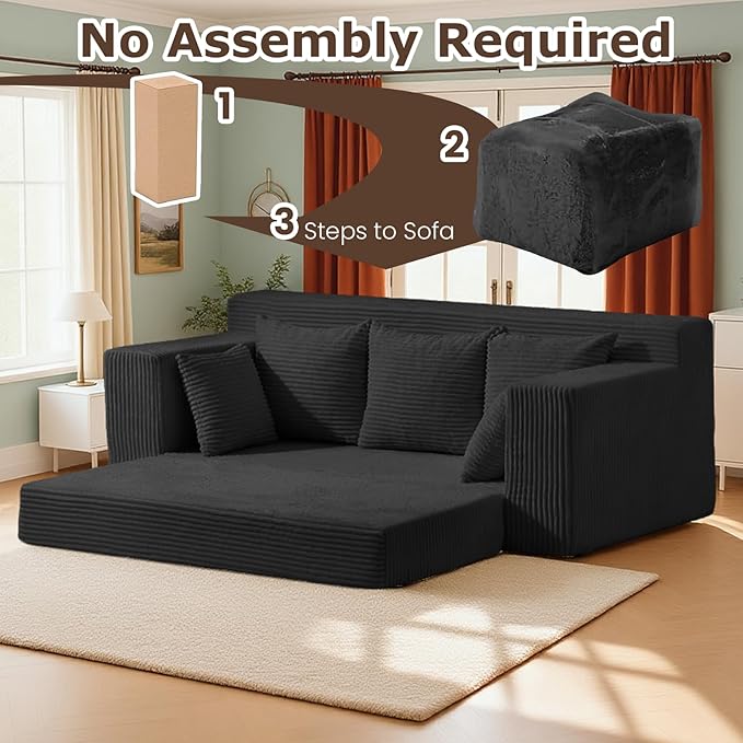 3 Seater Boneless Couch for Living Room, Convertible Futon Sofa Bed Comfy Pull Out Couch with 5 Pillows & Detachable Washable Cover, Upholstered Floor Sofa in A Box, No Assembly Required, Black