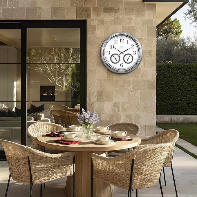 Presentime & Co 18" Illuminated in/Outdoor Atomic Clock with Smart Sensor and Night Light, Waterproof, Large Wall Clock with Thermometer & Hygrometer, for Garden and Patio, Silver.