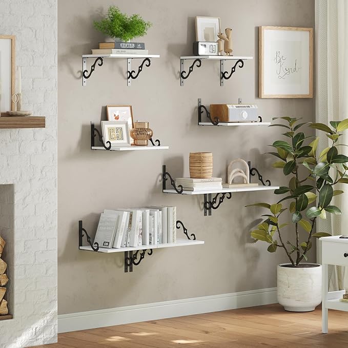 DINZI LVJ Deep Floating Shelves, 16" W x 12" D Wall Shelves Set of 2, Wide Display Shelf Wall Mounted with Brackets, Easy-to-Install Bookshelf for Living Room, Bathroom, Bedroom, White