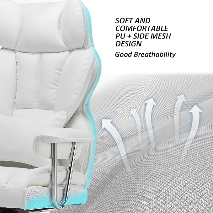 Efomao Big and Tall Office Chair 400lbs – PU Leather Executive Office Chair with Lumbar Support & Leg Rest, Heavy-Duty Computer Chair for Home Office, White