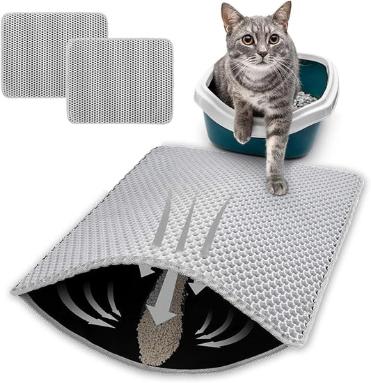 HCY&WLD 2-Pack Cat Litter Mat, Double Layer Honeycomb Waterproof Urine Proof Non-slip Litter Trapping Mat, Less Waste, Easy to Clean Cat Litter Box Mat, Kitty Indoor Supplies (Gray, 24x18 Inches)