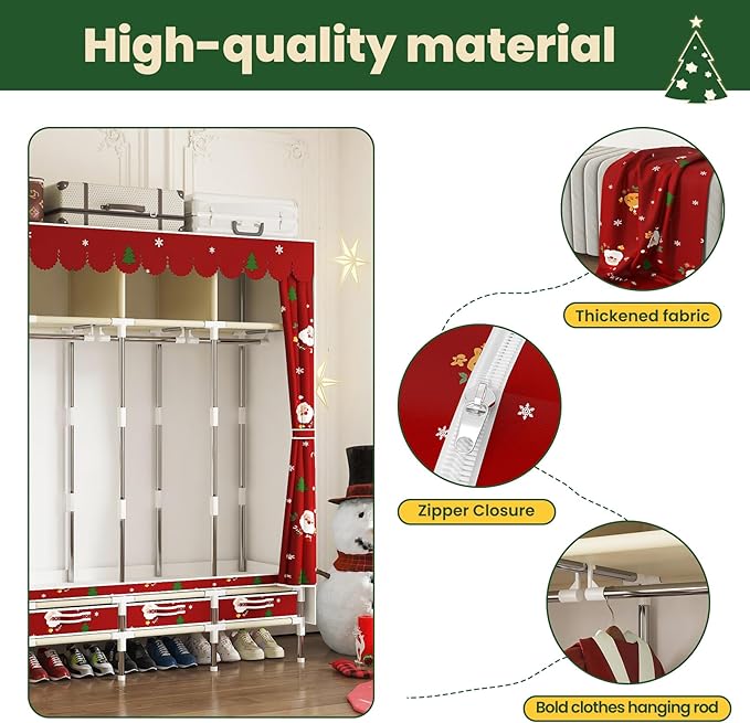 Portable Wardrobe with 4 Drawers Simple Temporary Wardrobe, Armario Portátil,New Oxford Cloth, Christmas Style (Christmas Color)