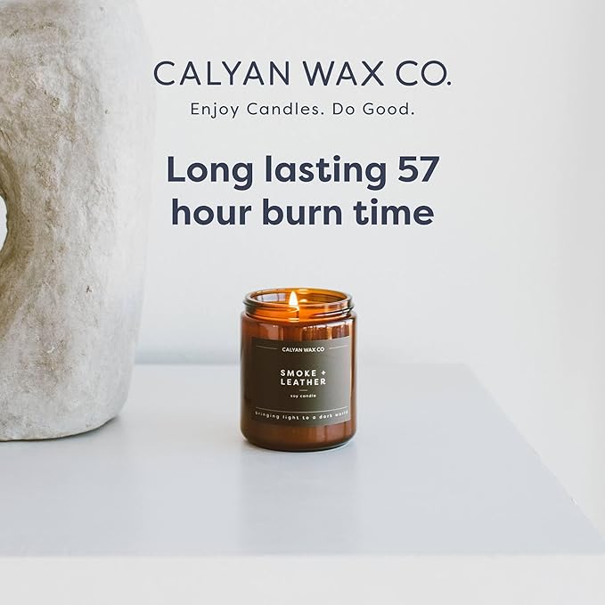 Calyan Wax Co. Rosewood & Amber Scented Candle - 57 Hour Burn - Luxury Non Toxic Soy Wax Candles - Long Lasting Amber Glass Jar Candle for Home - 7.2oz