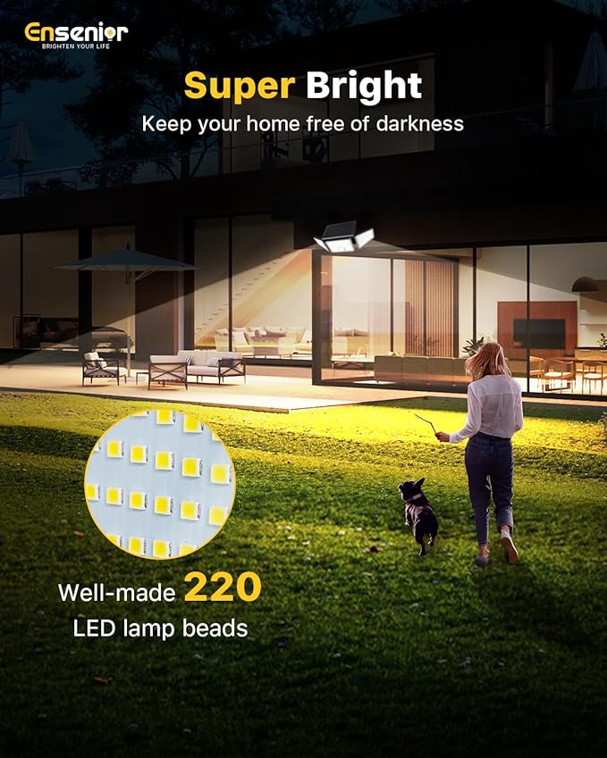 Ensenior Motion Sensor Outdoor Lights, 220 LED IP65 Waterproof Solar Security Light with Remote Control, 3 Heads Solar Flood Light Outdoor with 4 Modes, 270° Wide Angle Motion Light for Outside -2Pack