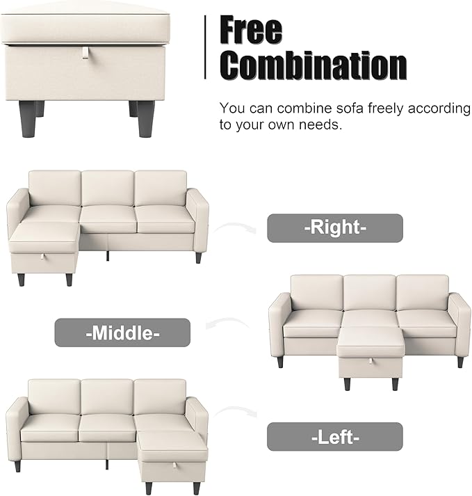 ZeeFu Couch for Living Room - 78'' Beige Linen 3 Seat L-Shaped Sectional Sofa Couches with Storage Ottoman - Modern Small Space Upholstered Furniture Sofa Set for Office Small Space Apartment Bedroom