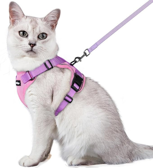 rabbitgoo Cat Harness and Leash for Walking, Escape Proof Soft Adjustable Vest Harnesses for Cats, Easy Control Breathable Reflective Strips Jacket, Pink & Purple, M