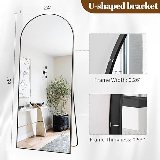 Koonmi Arched Full Length Mirror, 65"x24" Arched Black Floor Mirror, Standing Hanging or Leaning Full Body Mirror with Aluminum Alloy Frame for Living Room and Bedroom