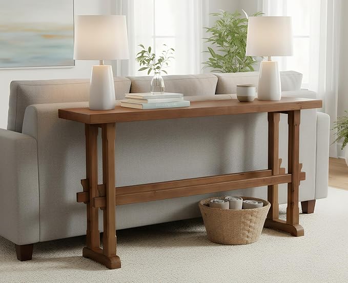 chairus 59" Long Console Table Farmhouse Narrow Sofa Table with Crossbar Solid Wood Entryway Table for Living Room/Hallway/Entrance, Walnut