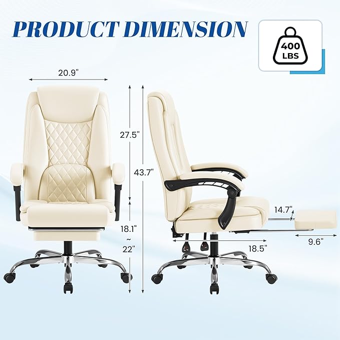 Furmax Office Chair with Footrest Ergonomic High Back Design Executive Computer Desk Chair400lbs, 90-135° Reclining Leather Home Office Desk Chairs Swivel Task Chairs with Wheels (Beige)