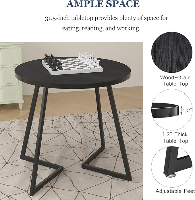 VECELO Small Round Kitchen Table with 2 Upholstered Chairs, 3-Piece Wood Dinette Sets with Steel Frame for Breakfast Nook, Dining Room, and Small Space, Wood-Grain Black