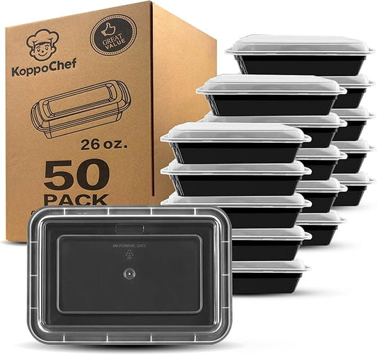 Koppochef 26oz Meal Prep containers [50 Pack], Leakproof and Durable, Microwave Dishwasher Freezer Safe, Single Compartment Stackable Take Out Food Containers with Lid, BPA Free and Recyclable