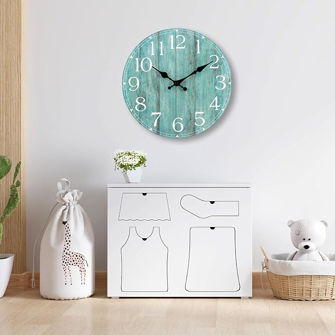 HYLANDA Wall Clock, 10 Inch Teal Silent Non-Ticking Kitchen Decor, Rustic Vintage Country Retro Decorative Clocks Battery Operated for Bathroom Bedroom Living Room Office(Aqua)