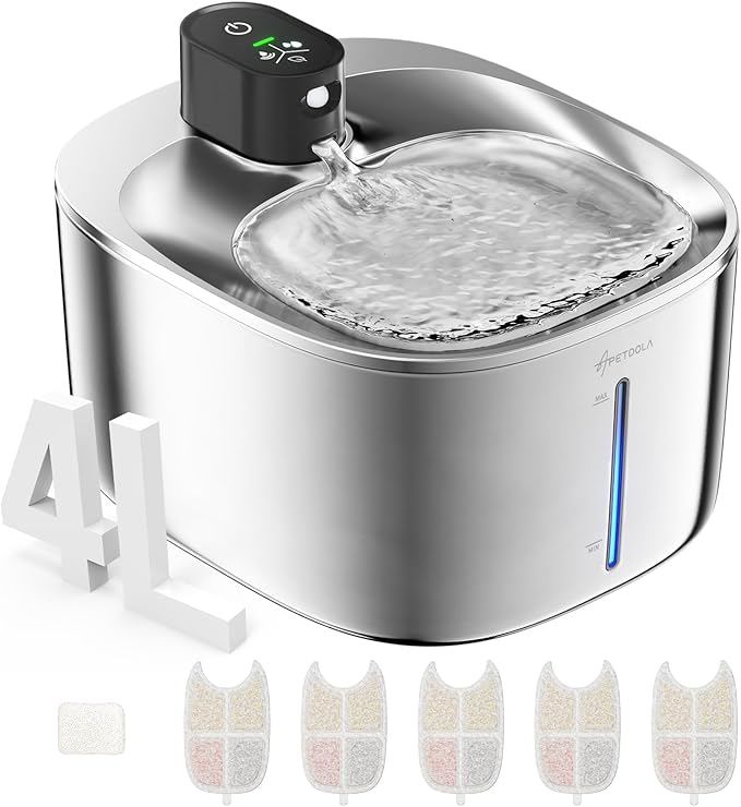 Cat Water Fountain Stainless Steel,152oz/4L Wireless Pet Fountain Battery Operated,Quiet Filtered Pet Water Fountain,Automatic Water Bowl for Cats Dogs with Motion Sensor 5 Filters