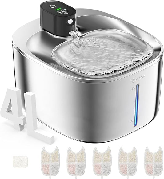 Cat Water Fountain Stainless Steel,152oz/4L Wireless Pet Fountain Battery Operated,Quiet Filtered Pet Water Fountain,Automatic Water Bowl for Cats Dogs with Motion Sensor 5 Filters
