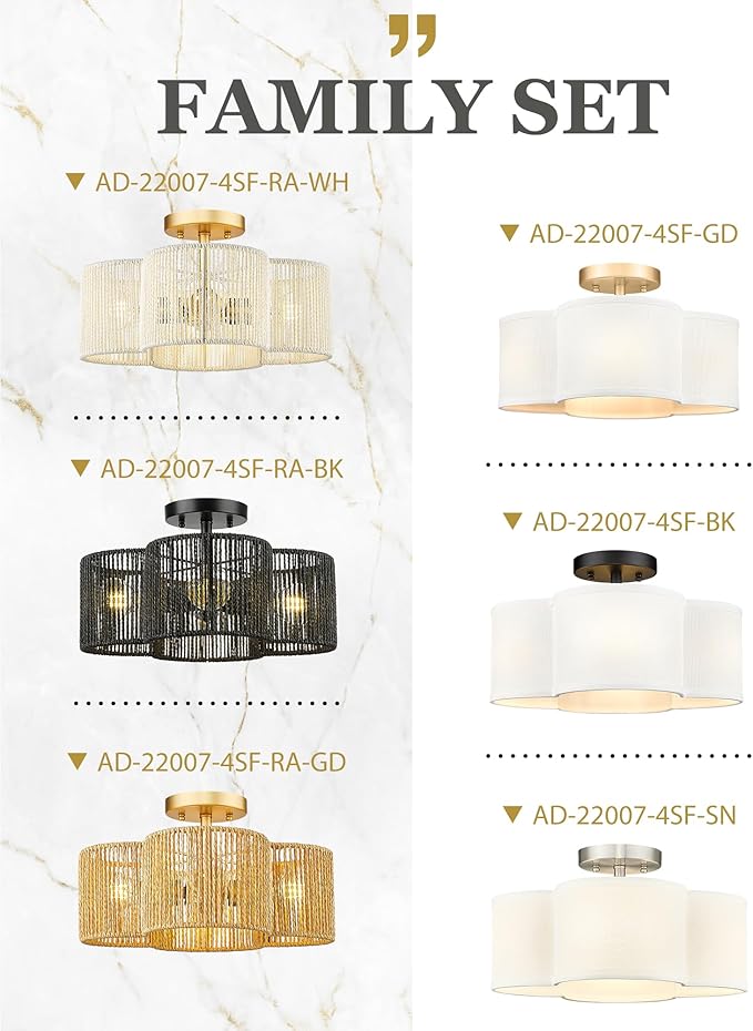 Rattan Light Fixtures Ceiling Mount, 4-Light 14" Boho Semi Flush Mount Ceiling Light with Hand-Woven Shade in Quatrefoil Shape for Kitchen Nursery Bedroom Hallway, Gold, AD-22007-4SF-RA-GD