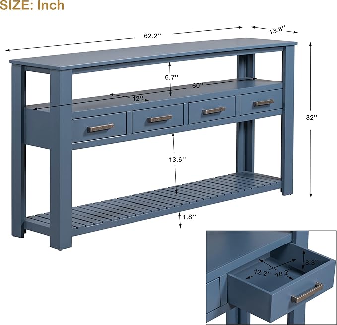 Modern Console Table 62-Inch Long Narrow Sofa Entry Table with Drawers & Open Shelves for Living Room Entryway (Navy Blue)