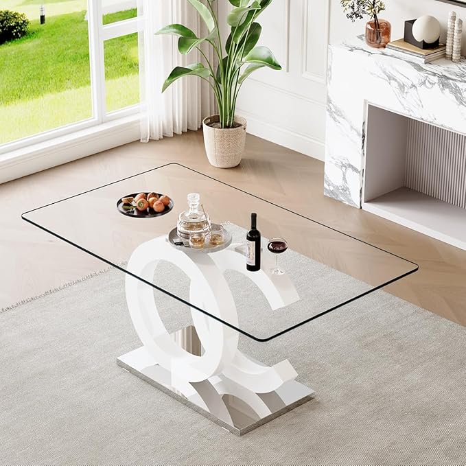 gopop 63'' Glass Dining Table, Modern Kitchen Table, Clear Glass Dinner Table with White Unique Design Leg and Silver Metal Base.(Only Table)