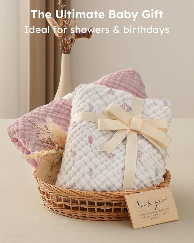 Yoofoss Hooded Baby Towels for Newborn 2 Pack 100% Muslin Organic Cotton Baby Bath Towel with Hood for Babies, Infant, Toddler and Kids,37.5"x37.5", Soft and Absorbent Newborn Essential,Pink&WhiteLeaf