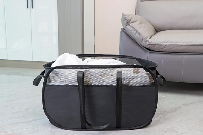 Pop Up Laundry Hamper，with Durable Handles collapsible laundry basket，Easy to Open and Fold for college Dorm,kids room，travel (Black)…