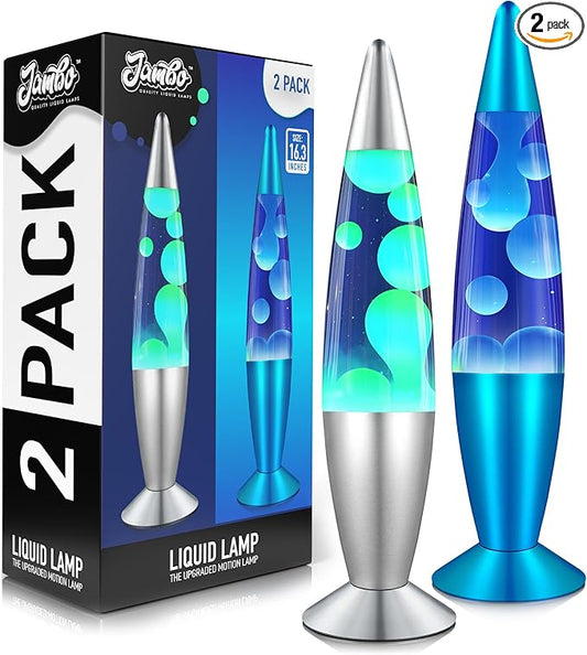 JAMBO 2 Pack- 16" Beautiful Lamp- Silver with Yellow/Green Wax and Blue with Blue/White Wax, Relaxing Liquid Lamp, Night Light Nightlight, Lamps for Adults Teens Kid