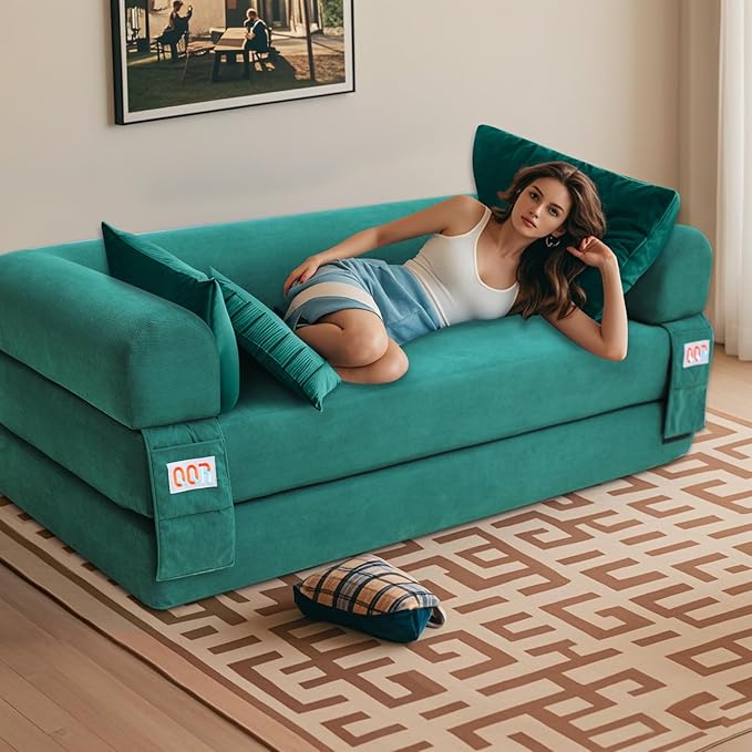 Fold Sofa Bed Memory Foam Futon Sleeper Chair Guest Bed and Fold Out Couch,Couch for Living Room Corner Chair Bedroom (Green)