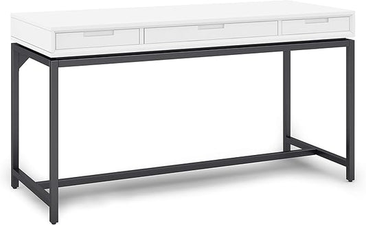 SIMPLIHOME Banting Desk - 60-Inch Wide Solid Hardwood and Metal Writing Desk in White, Modern Industrial Home Office Computer Table for Study with 2 Drawers and Flip-Down Keyboard Tray