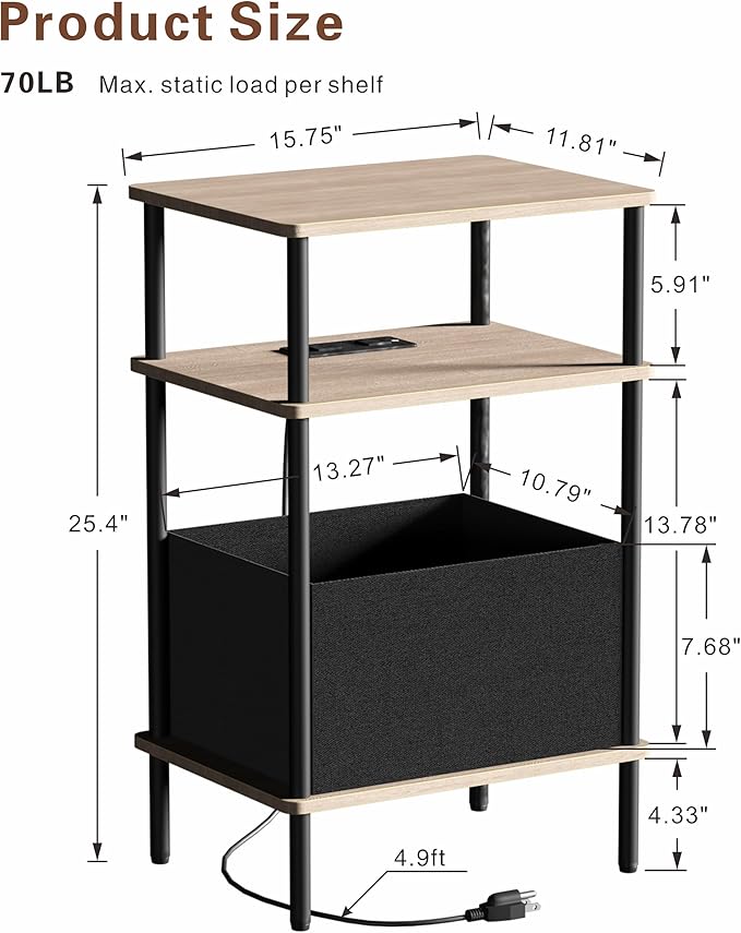 Small Side Table with Charging Station, End Table for Small Spaces, Slim Nightstand with Outlet,Sofa Beside Table, 3-Tier Storage Shelf,Living Room, Bed Room, Natrual Walnut