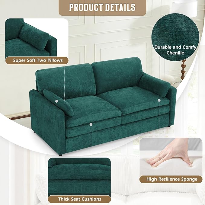 69" Chenille 2 Seats Sofa with 2 Pillows, Modern Upholstered Sofa with Deeper Seats, Comfy Sofa with Thickened Cushions for Living Room, Apartment,Teal