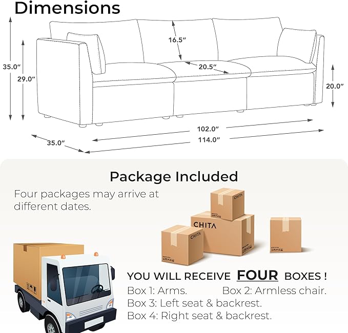 CHITA Luxury Oversized Sectional Modular Sofa, Premium Down Filled Cloud Couch, FSC Certified Comfty Deep Seat Sectional for Living Room, 3 Seat, 114‘’ Width, Cream