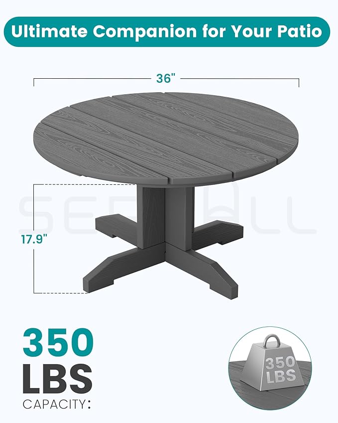 SERWALL 36'' Round Outdoor Coffee Table - HDPE Weatherproof Patio Table for Balcony, Garden, Backyard (Gray)