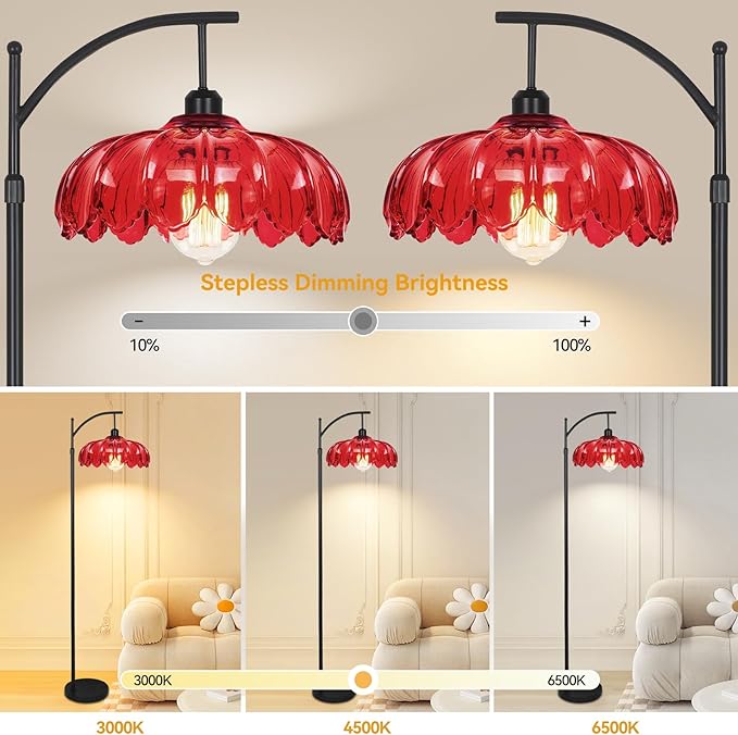 Unique Floor Lamp for Living Room with Remote,Arc Vintage Flower Standing Tall Lamp,Black Dimmable Floor Lamp with Red Glass Shade,Modern Mid Century Floor Lamps for Bedroom Office Corner