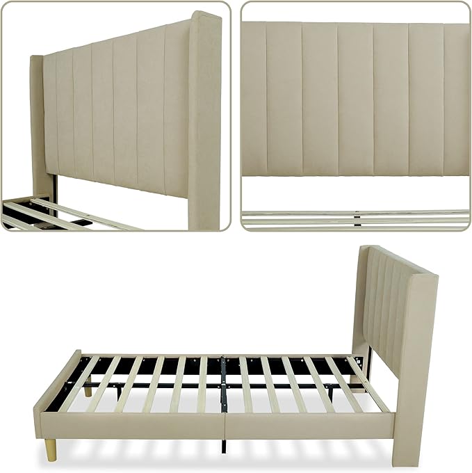 Low Profile Upholstered Platform Bed,Twin Beds with Beige(Linen)