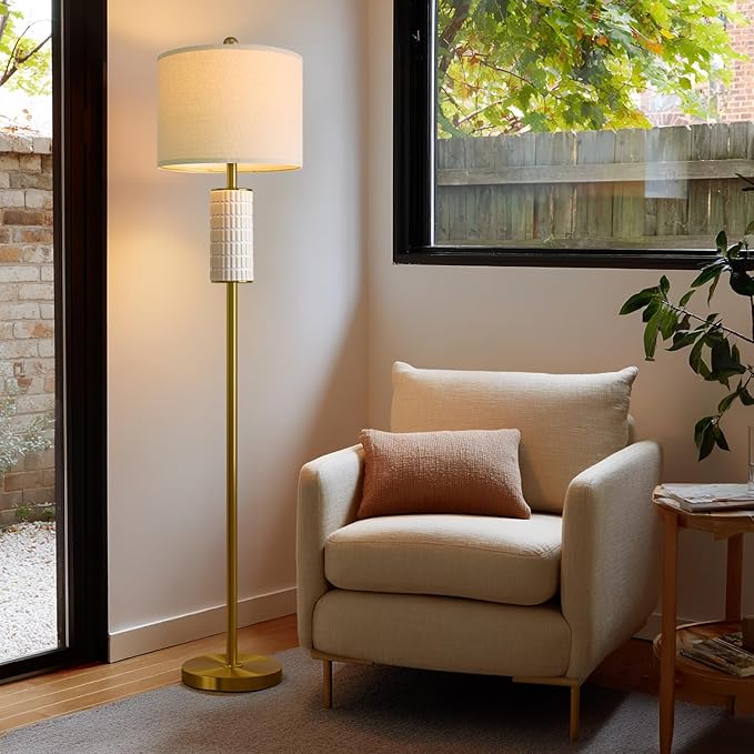 PoKat Gold Ceramic Floor Lamp for Living Room Bedroom, 64" Modern Standing Lamp with Rotary Switch, Tall Living Room Lamp Decor for Reading Corner, Home Office, Nursery, Brushed Gold