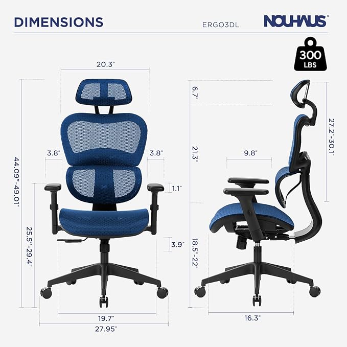 Nouhaus Ergo3dL Home Office Desk Chairs Ergonomic Office Chair High-Back Mesh Rolling Work Chairs with Wheels and Adjustable Headrests Comfortable Lumbar Support Adjustable Armrests,Navy Blue