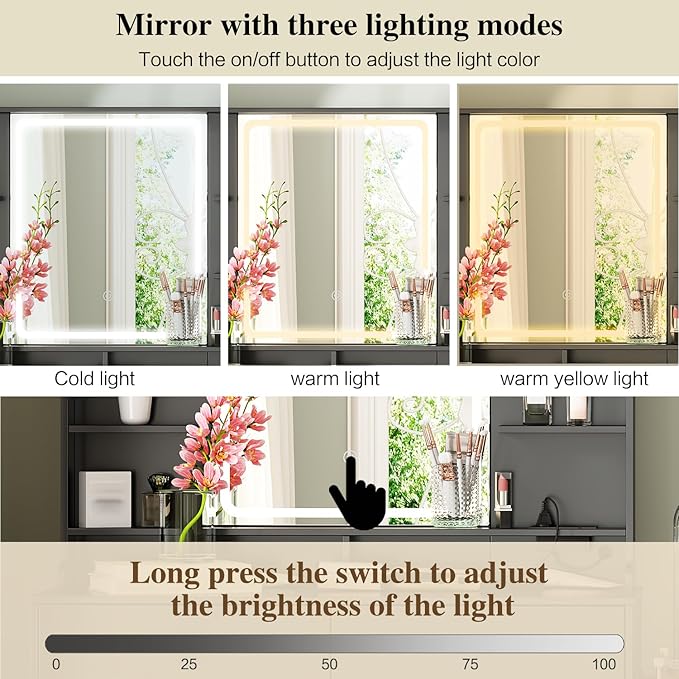 Makeup Vanity Desk with Mirror and Lights, Vanity Desk with 8 Drawers & Storage Shelves, Vanity Table with Power Outlet, 3 Color Modes & Adjustable Brightness Dressing Table, Bedroom,Jet