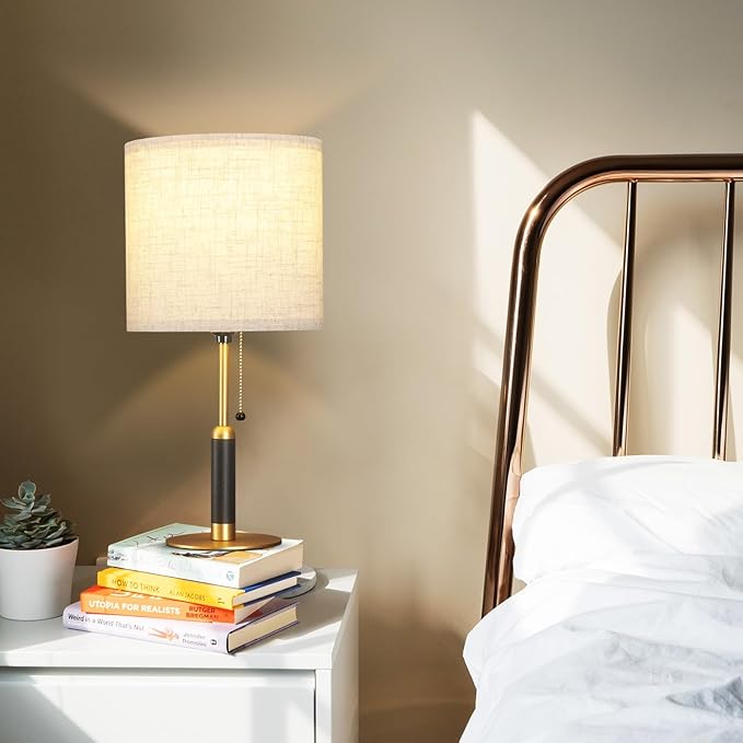 18.9" Set of 2 Small Vintage Table Lamp Bedside Lamps for Bedroom Nightstand Lamp for Living Room 3-Color Temperatures Pull Chain Wood Fabric for Home Office Dorm Decor (Light Brown+Brass)