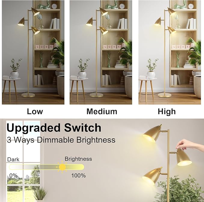 Tree Floor Lamp for Living Room, Industrial 3-Light Standing Lamp with 3 LED Bulbs, Adjustable Rotation Heads, Standing Tall Pole Lamp Farmhouse Rustic Reading Lamps for Bedroom Office (Gold)
