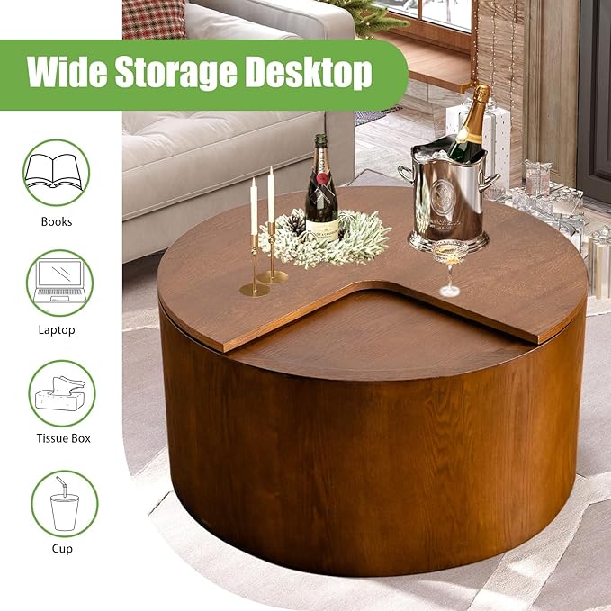 Mid - Century Modern Round Drum Coffee Table with 360° Rotating Desktop & Storage, 27.16" Walnut Small Center Table for Living Room & Home Small Spaces (Walnut 27.16)