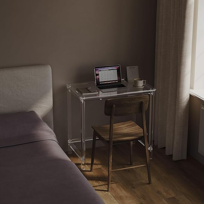 HMYHUM Acrylic Computer Desk, 32 Inch Clear Office Desk for Small Spaces, Study, Writing, Vanity Table with Cylindrical Legs, Modern, Easy Assembly