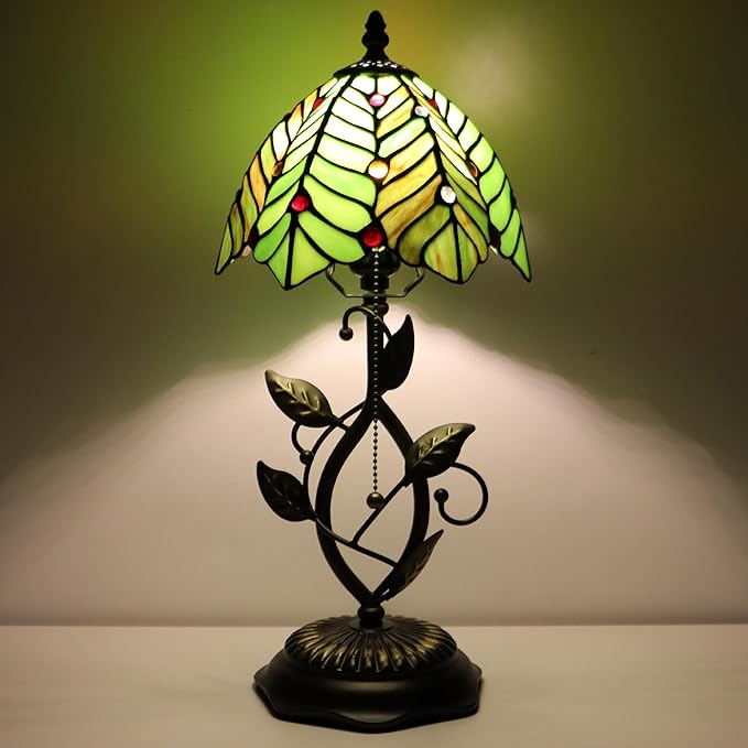 Small Tiffany Lamp Brown Green Coconut Leaves Style Stained Glass Table Lamps Desk Bedside Reading Light 8X8X18 Inches with Bronze Metal Leaf Resin Base