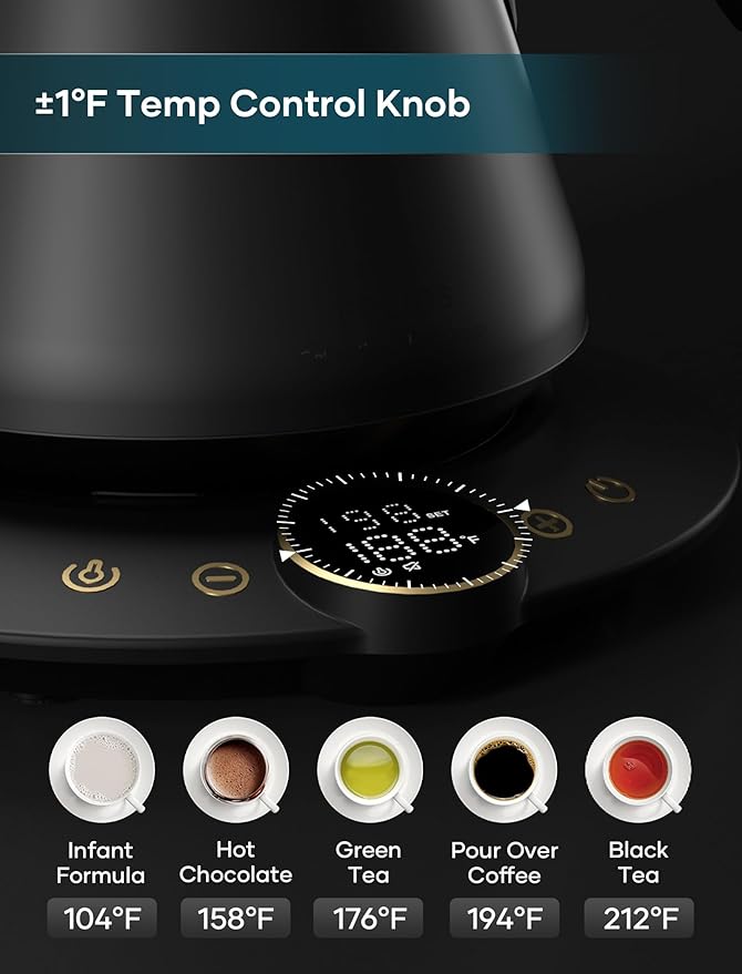 Gooseneck Electric Kettle with ±1℉ Temperature Control for Pour Over Coffee & Tea, Quick Heating, BPA-Free Stainless Steel, Built-in Brew Timer, 1500W/0.9L (Black Walnut)