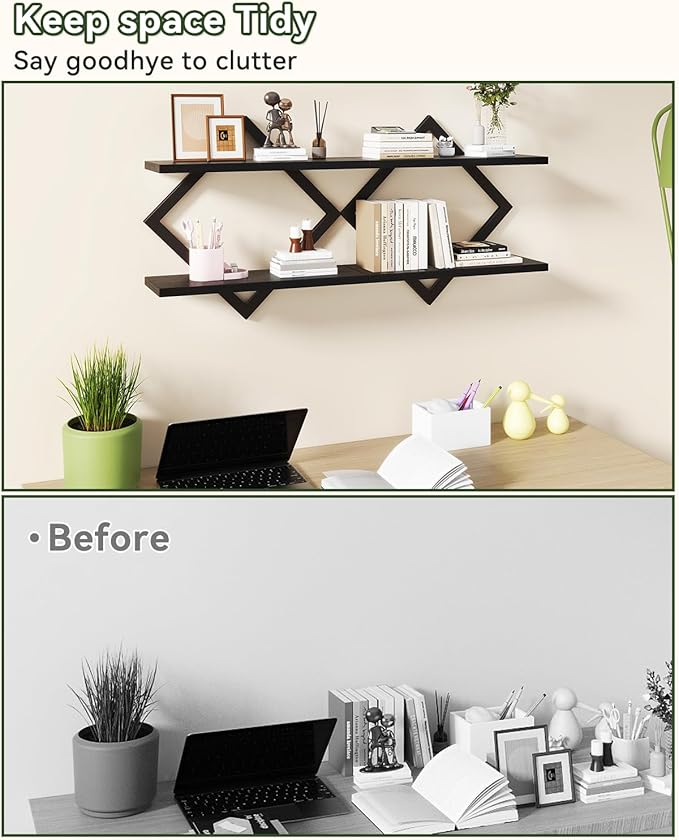 IBUYKE Floating Shelves,15 Inch Wall Shelf Set of 2,Wall Mounted Shelves,2 Tier Hanging Decorative Storage Shelf for Living Room, Bedroom, Bathroom, Kitchen TFS003B-2