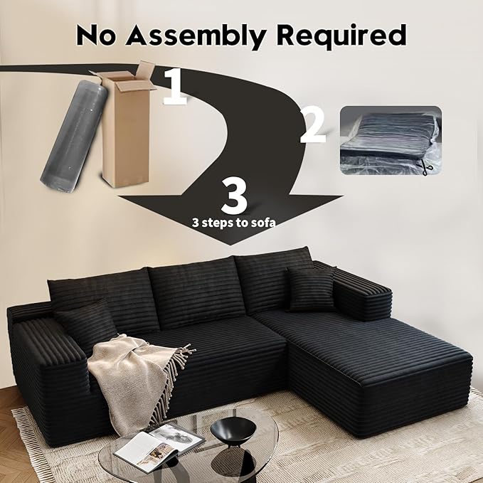 107.5" Cloud Modular Sectional Sofa Couch with L-Shape Chaise,Modern Minimalist Upholstered Couches for Living Room Bedroom,Deep Seat Corner Couch，No Assembly Required (Black,Right Facing Chaise)